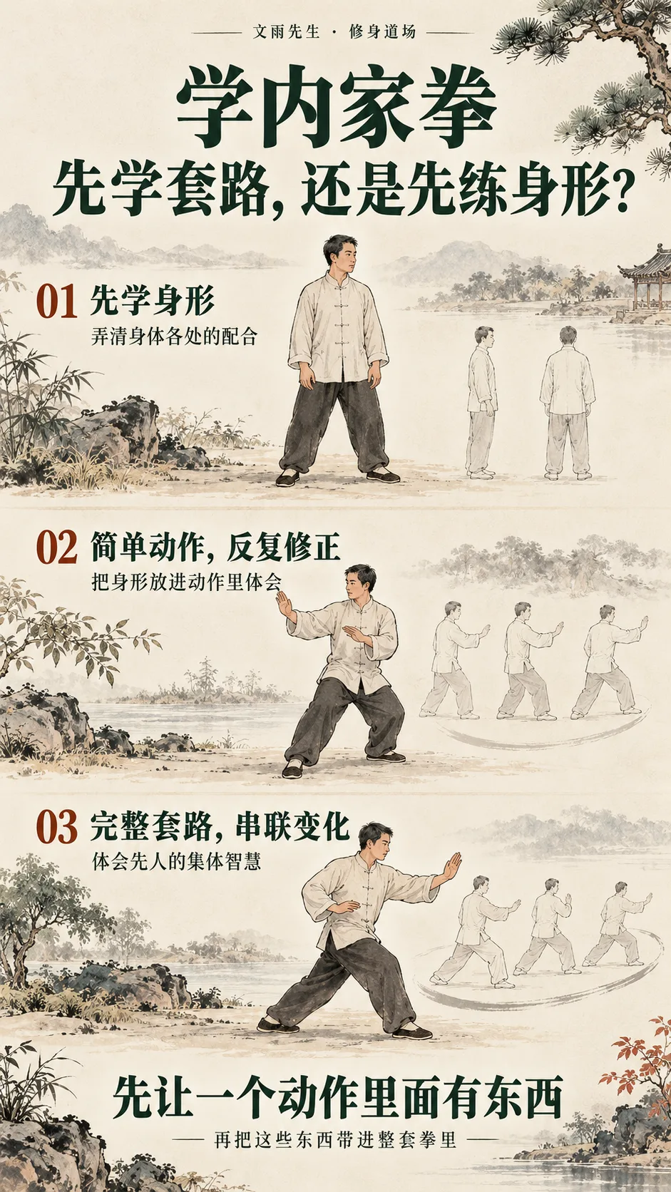 内家拳学习顺序:先学身形、简单动作反复修正、完整套路串联变化(AI生成示意插画)